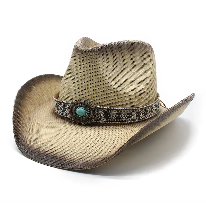 Vintage Straw Cowboy Hat for Men Handwoven Denim Hat with Distressed Finish and Breathable Design 57-58cm