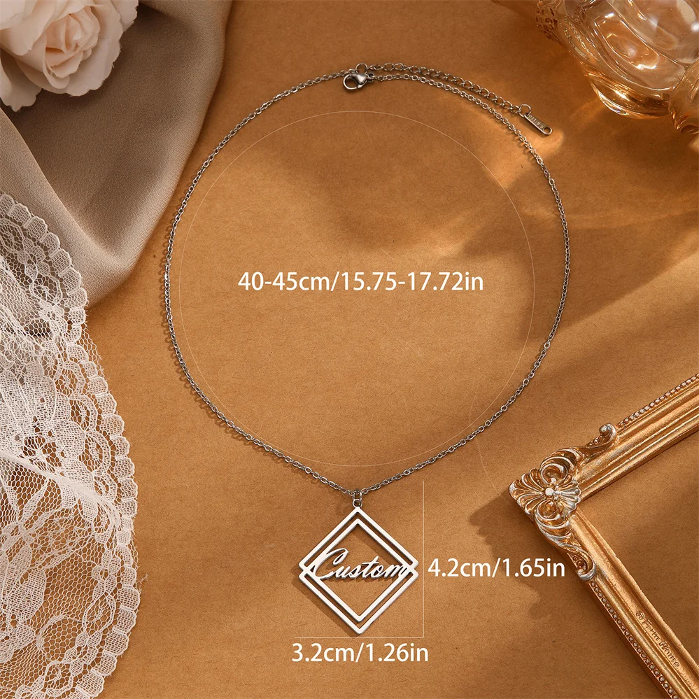 QIMING Personalized Custom Name Necklacesfor Women Stainless Steel Jewelry Geometric Necklace Valentines Day Gifts