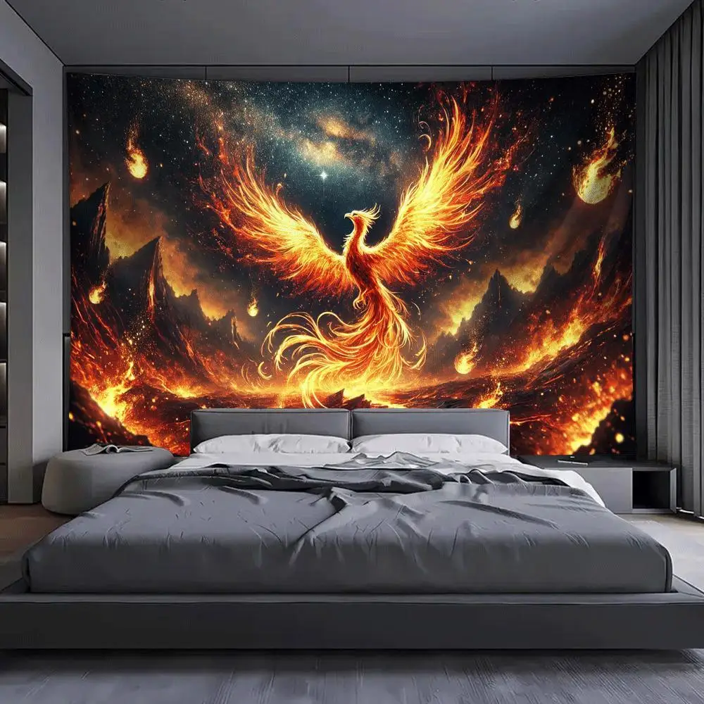 Fiery Phoenix Rising Flames Fantasy Tapestry Mythical Bird Wall Art Bedroom Decor Spiritual Power Background Print