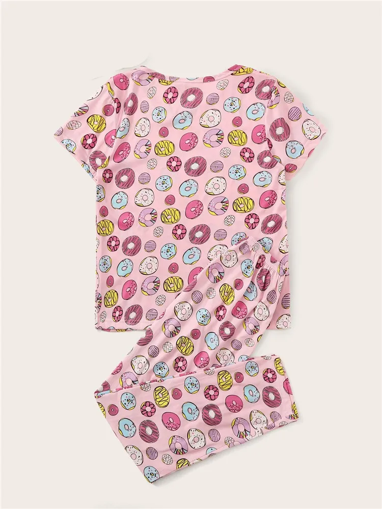 Conjunto de Pijama con estampado de Donuts para Mujer, ropa de dormir suave, pantalones largos de manga corta para primavera y verano, 2 piezas