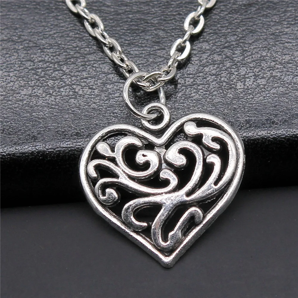 Fashion Simple Vintage Antique Silver Color 21x21mm Carved Flower Heart Pendant Necklace For Women