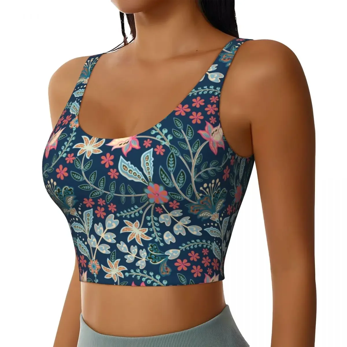 여성용 멕시코풍 여름 플로럴 블루 스포츠 브라 꽃무늬 하이 임팩트 짐 운동 러닝 크롭 탱크탑
