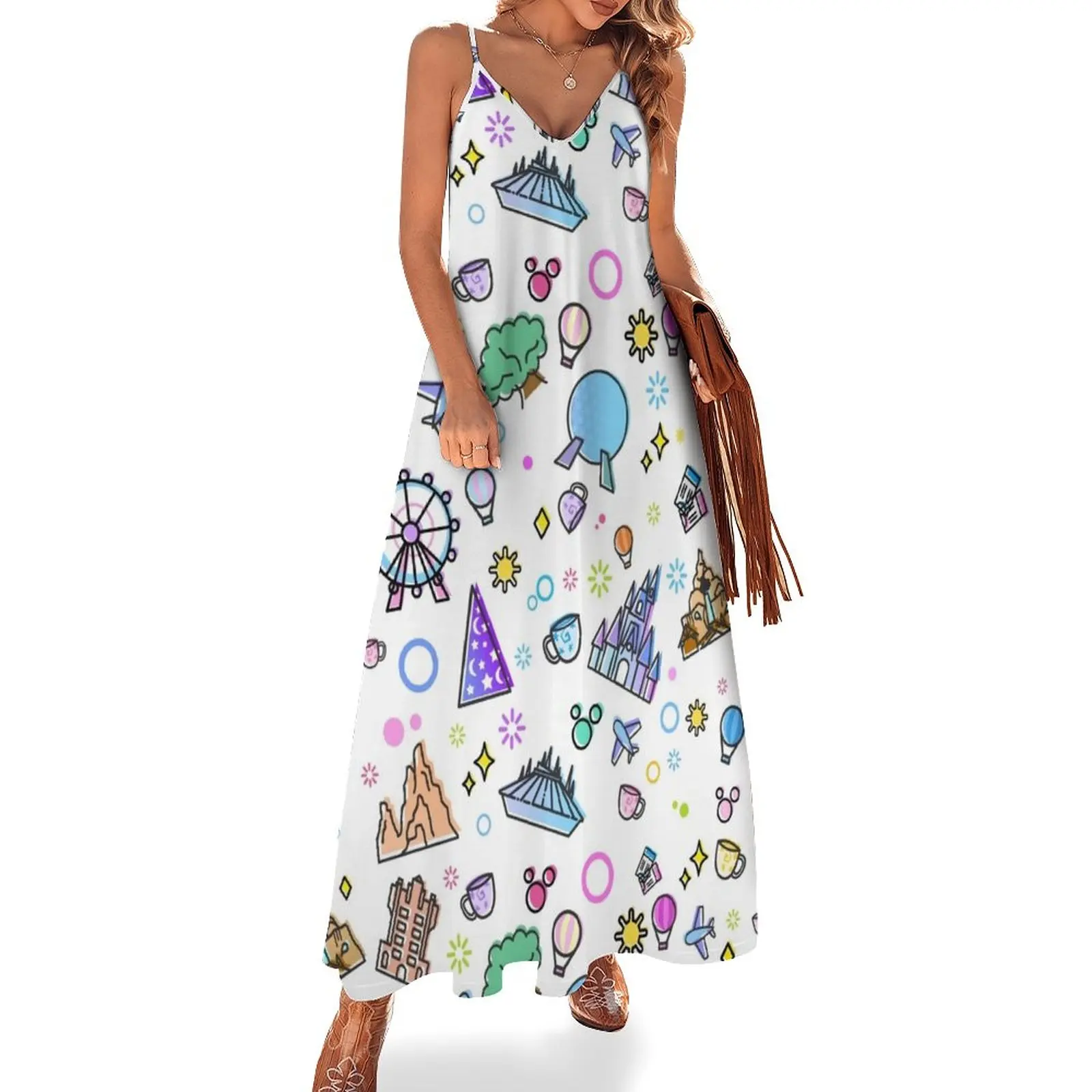 Meet me at my Happy Place Pattern. Happiest Place on Earth. Florida Orlando Icons. Ferris Wheel Theme Park. Sleeveless Dress