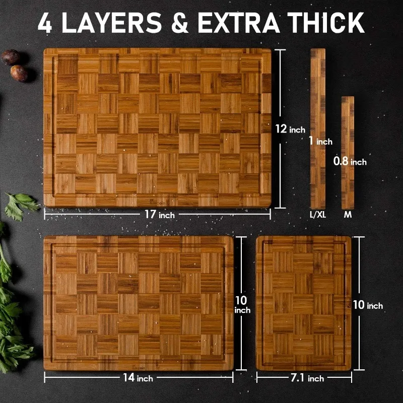 Chopping Boards with Juice Groove Bamboo Wood Cutting Board Set Butcher Block for Kitchen, End Grain Serving Tray by Kikcoin