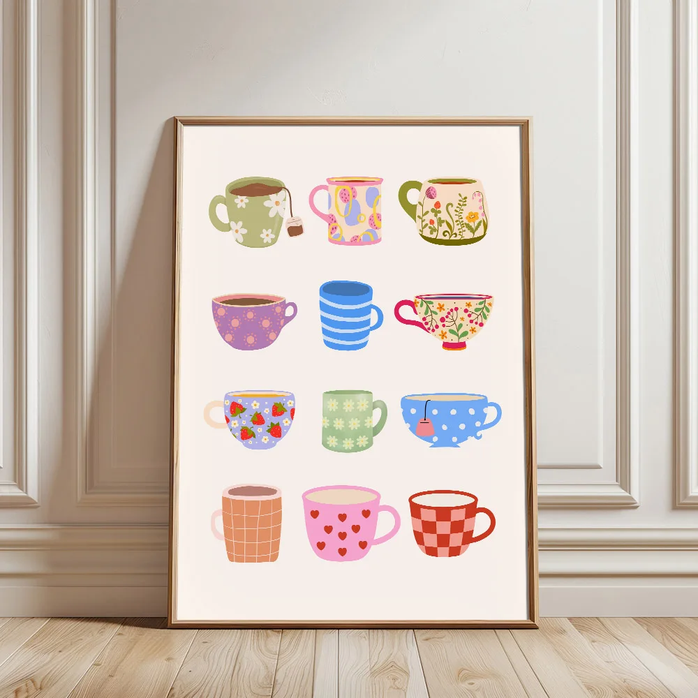 1pc Unframed Colorful Tea Coffee Cup Trendy Wall Art Poster Canvas Print Minimalist Kitchen Dopamine Decor Painting