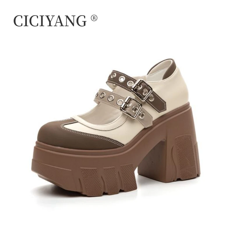 CICIYANG Women 11cm Mary Jane Shoes Genuine Leather 2024 Spring and Summer New Women High Heels Color Block Platform Girls Shoes