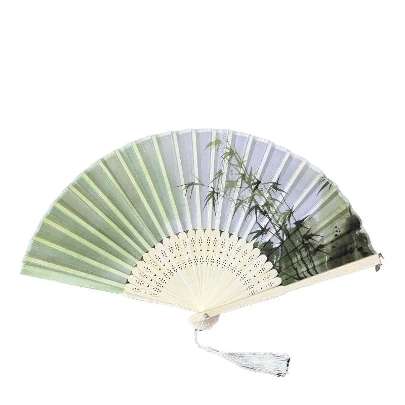 Vintage Chinese Bamboo Folding Hand Fan with Elegant Tassel for Hanfu Outing Themed Party Photography Decoration