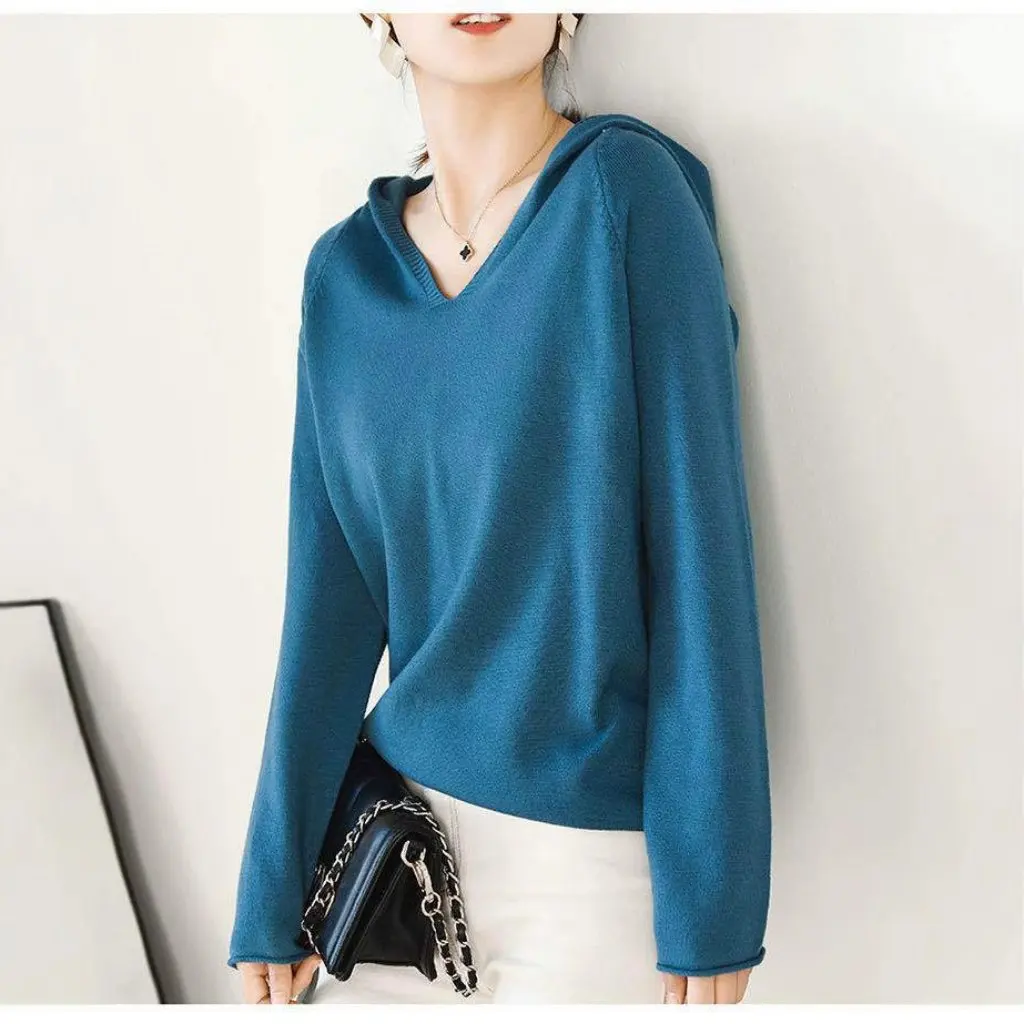 

Women's Loose V-Neck Long Sleeve Knitted Hooded Sweater Autumn Winter Trendy Base Outer Wear Pullover Shirt Top