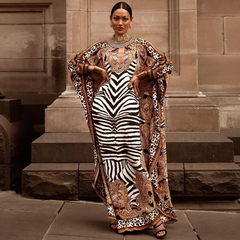 

African Dresses Women 2023 Zebra Printed Dashiki Elegant Ladies Gown Muslim Abaya Kaftan Bat Sleeve Robe Plus Size Long Dress