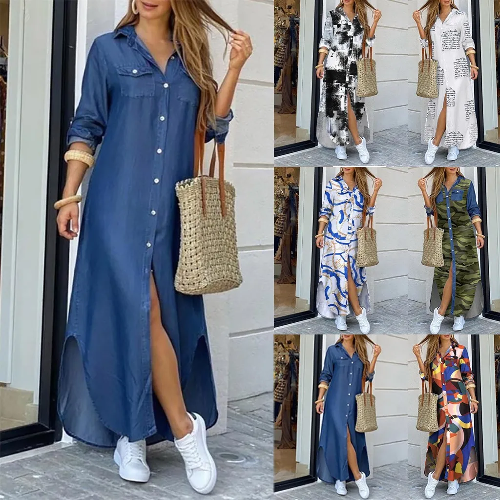 New Autumn Long Dress Long Sleeve Shirt Dress Women Denim Long Dresses Pocket Button Shirt Print Dress Casual Loose Dresses 2023