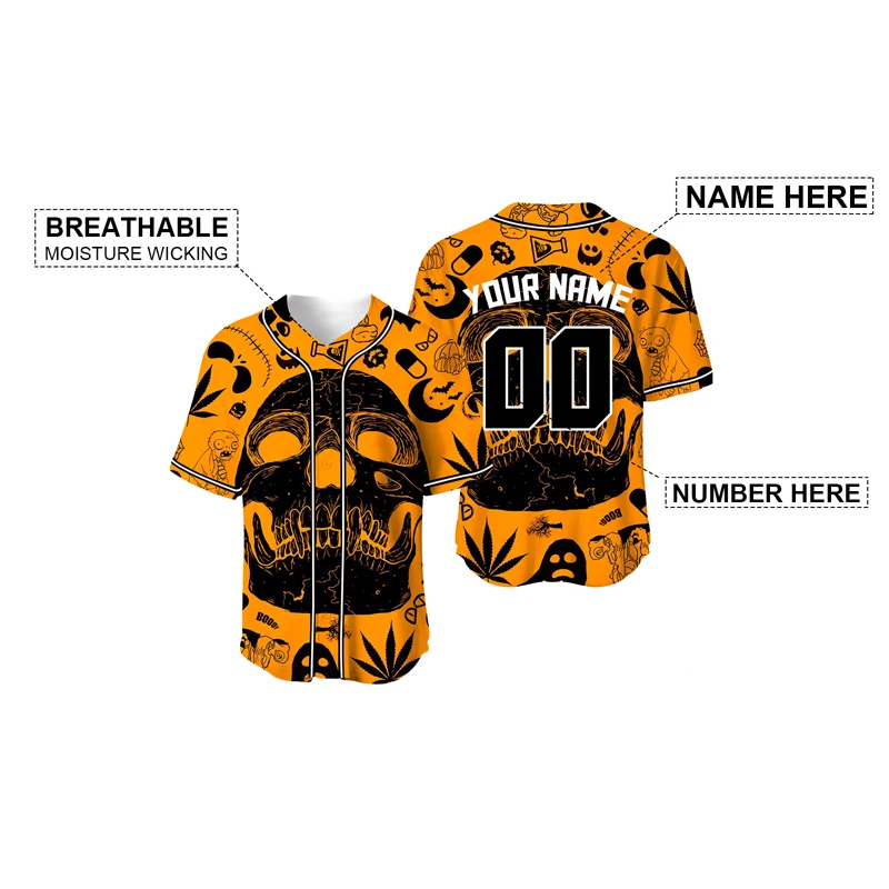 Orange Halloween Skull Blouses Custom Baseball Jersey Men Oversize Design T-Shirt Retro Jersey Sublimation Blanks Tee Shirt