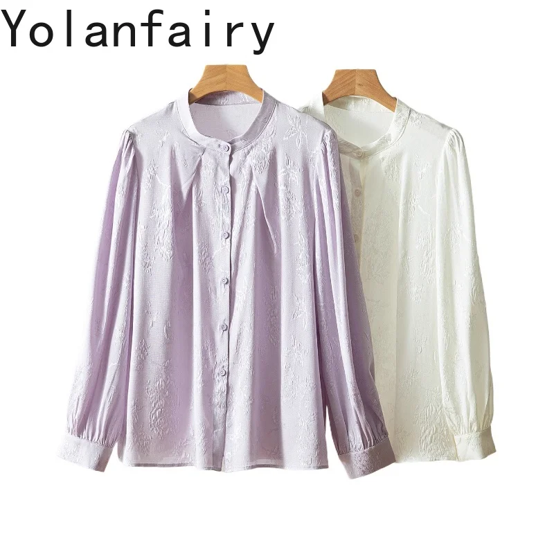

YOLANFAIRY 93% Real Mulberry Silk Shirt for Woman Elegant Summer Long Sleeve Shirts Female Stand Collar Loose Women Shirts Dames