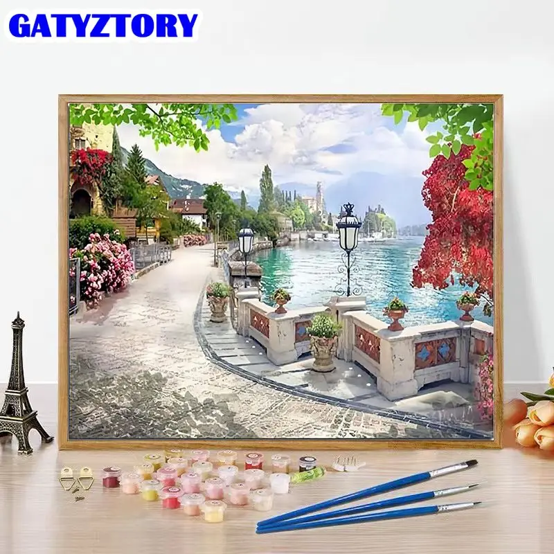 

GATYZTORY Painting By Number Lakeside Street View Kits Drawing On Canvas Pictures By Number For Adults Handpaint Home Decor