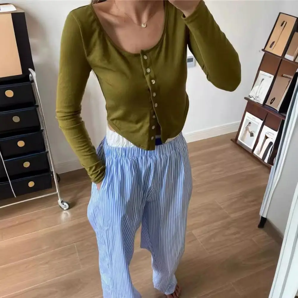 

Diagonal Pocket Striped Pants Stylish Vertical Stripe High Waist Wide Leg Pants with Pockets for Women Summer Work Leisure