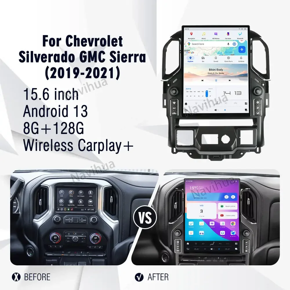 Navihua New Arrival 15.6 inch Tesla Android 13 Multimedia Car Radio GPS Navigation for GMC Sierra/Chevrolet Silverado 2019-2021