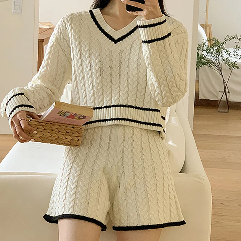 HELIAR Women Two Piece Sets Long Sleeve Knitted Tops And Shorts Casual Suit Solid Office Sets For Women 2024 Autumn Winter