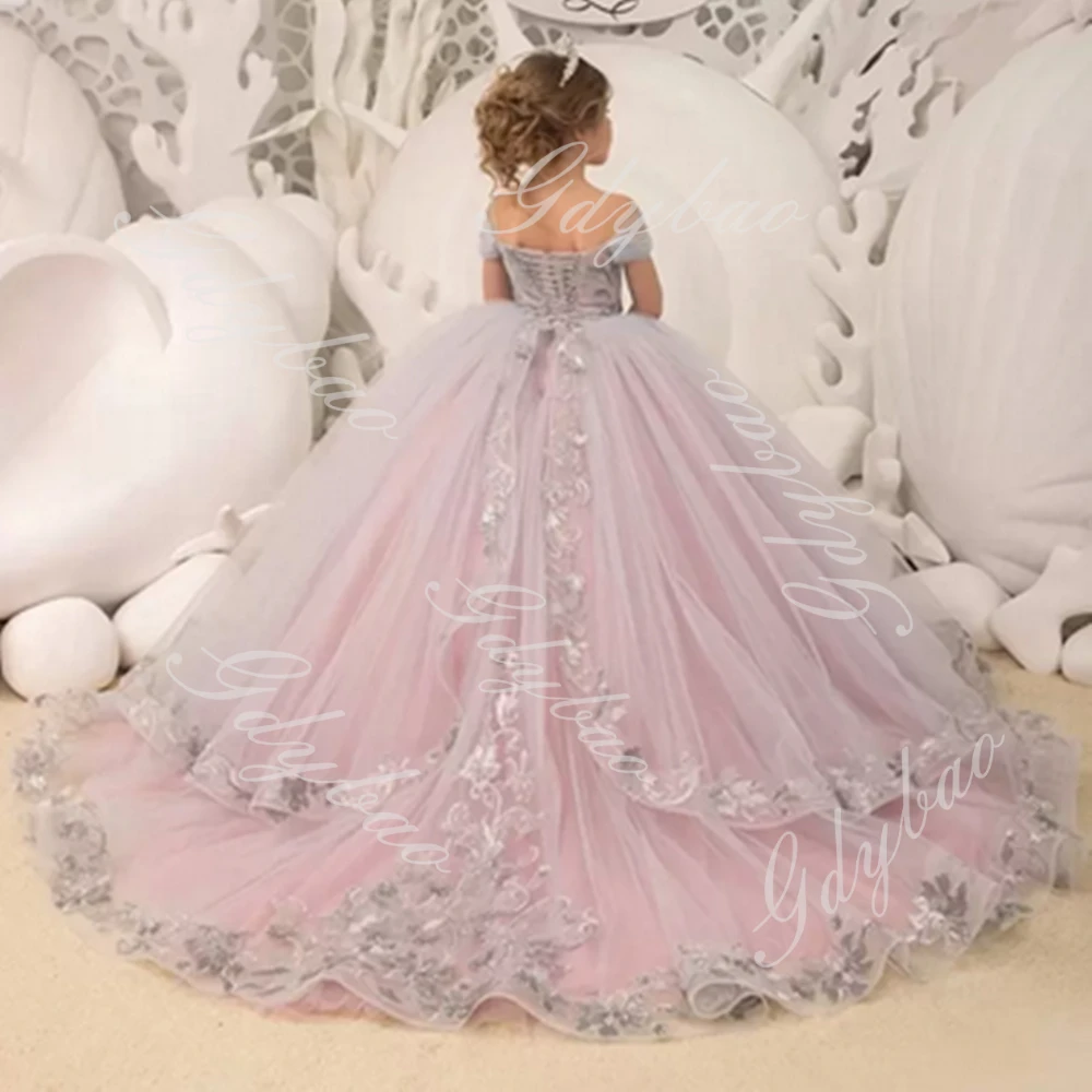 Elegant Off The Shoulder Flower Girl Dresses For Wedding Toddlers Appliqued Ruffles Tulle Pageant Dress Kids Birthday Ball Gowns