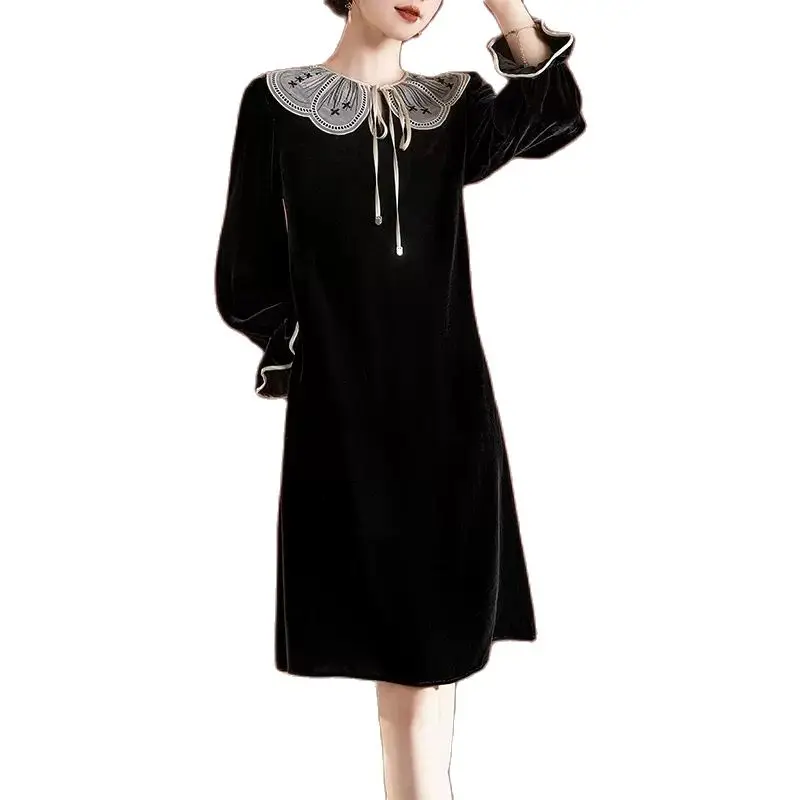 BirdTree 100%Real Silk Elegant Velvet Dresses, Women Long Sleeve Lace-up, French Retro Temperament Dress, 2024 Summer D42273QC