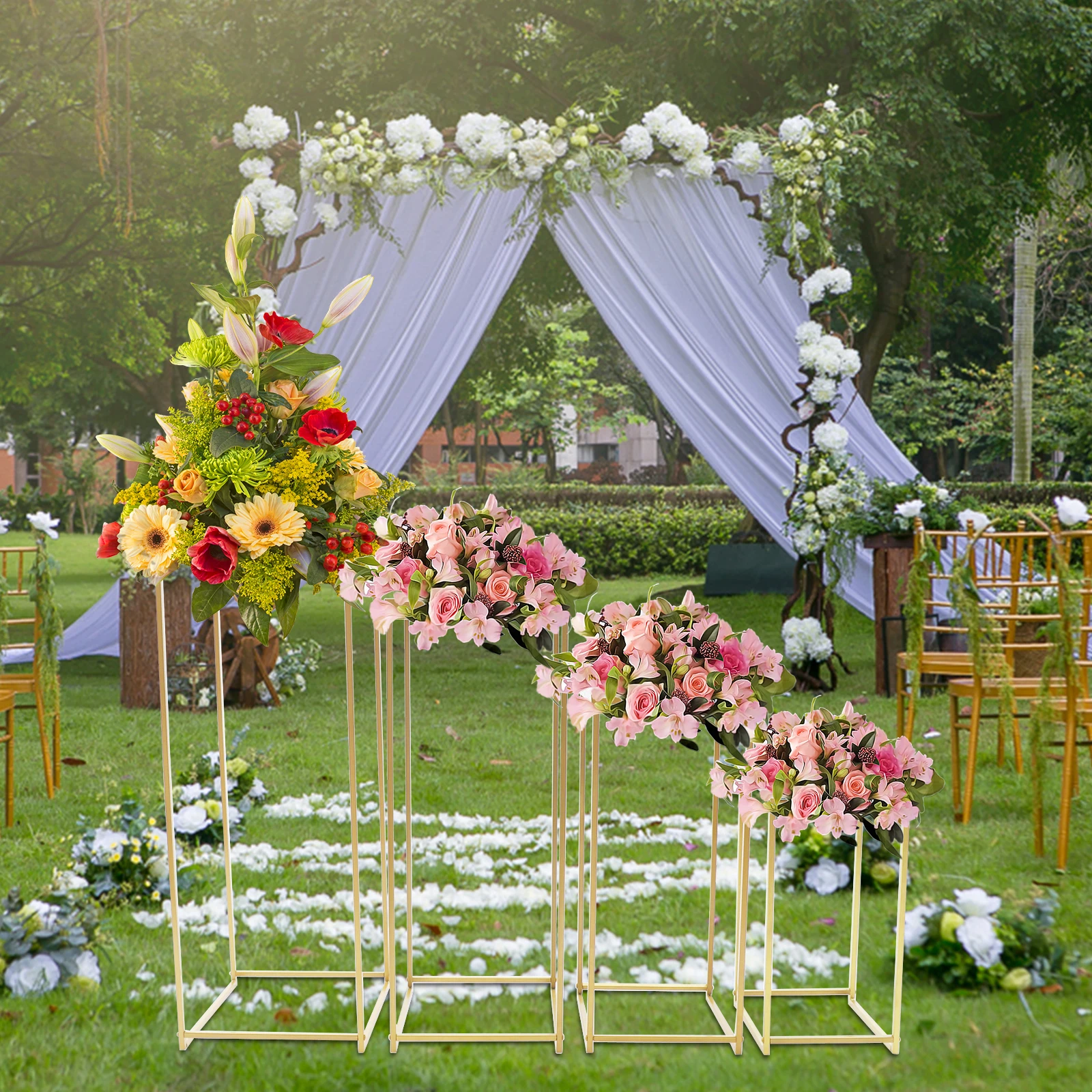 Soporte de flores de boda, centro de mesa rectangular de oro/blanco, soporte de Metal, jarrón, columna, soportes de fondo, fiesta de eventos, 4