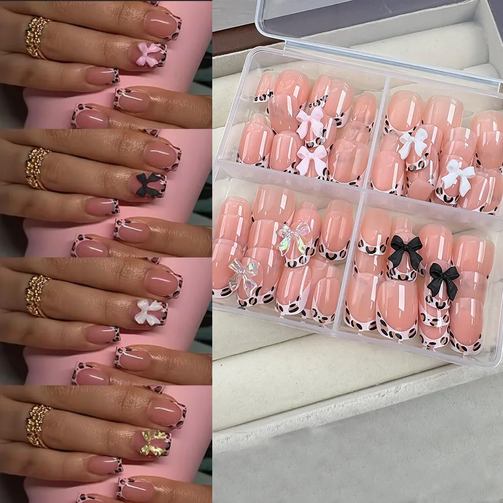 96Pcs Mixed Bowknot Leopard French Nail Tips 3D Pink/White/Black/Aurora Bow False Nails Short Square Nude Acrylic Press On Nails