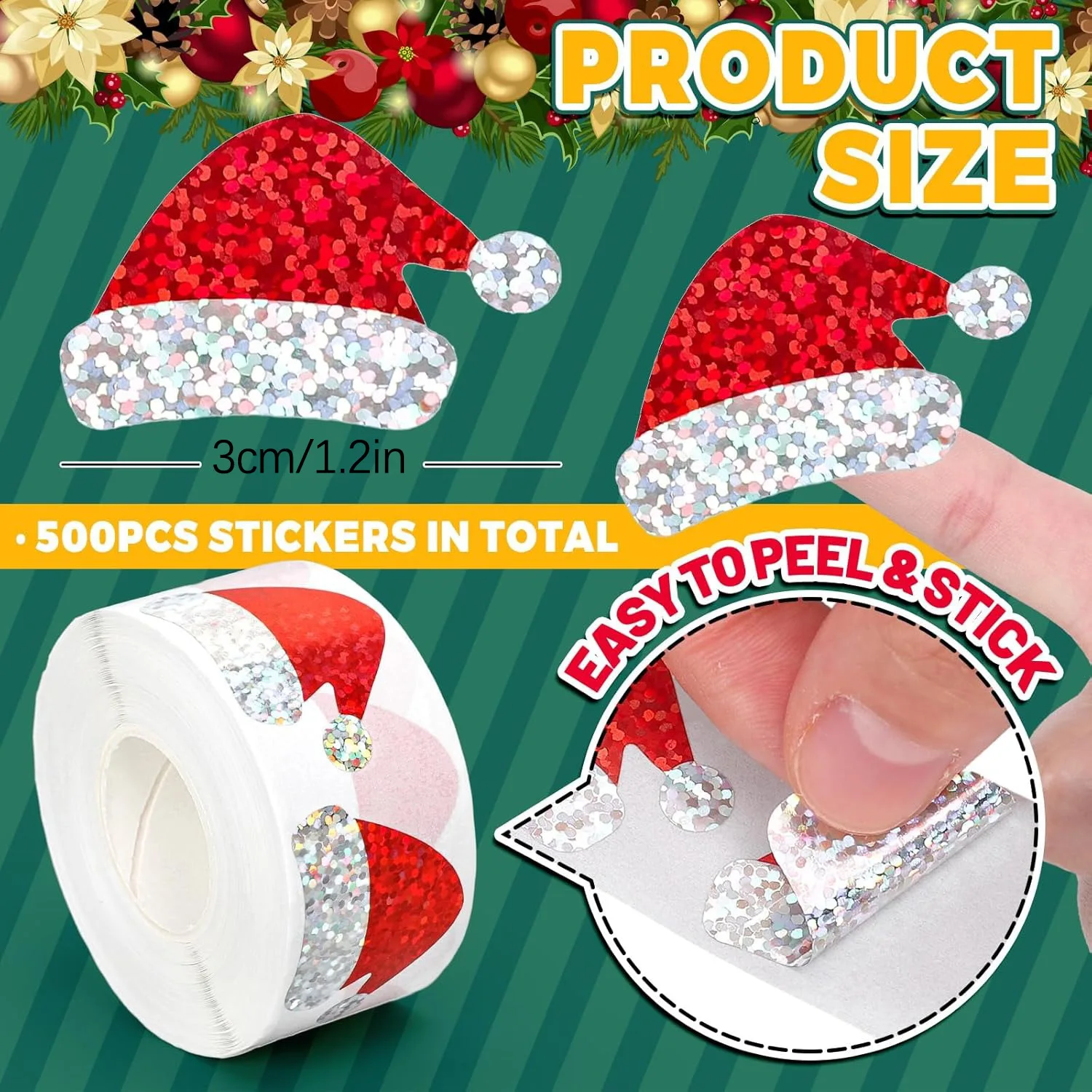 Christmas Santa Hat Roll Stickers Holiday Pattern Self Adhesive Decals for Gift Wrapping Party Decor Scrapbooking Handcraft DIY