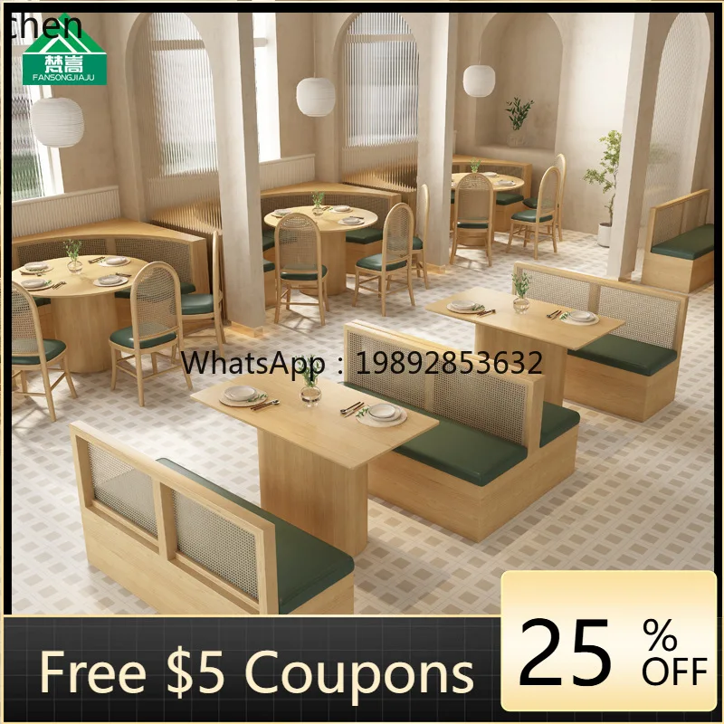 Booth Sofa Theme Restaurant Tea House Wall-Mounted Semi-Circular Booth Dining Shop Solid Wood Woven Rattan Table and Chairs
