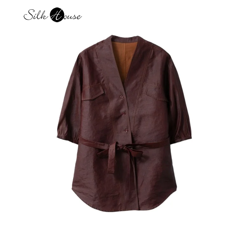 

2026 Women's Spring and Autumn Clothing 100% Natural Mulberry Silk Red Cloud Yarn V-neck Seven Quarter Sleeve Jacket Cardigan