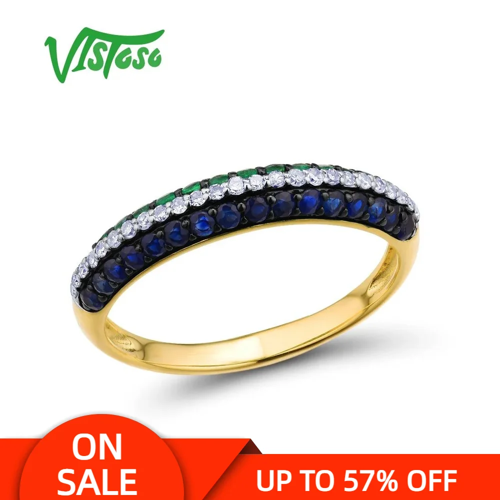

VISTOSO Gold Rings For Women Genuine 14K 585 Yellow Gold Ring Sparkling Blue Sapphire Magic Emerald Engagement Ring Fine Jewelry