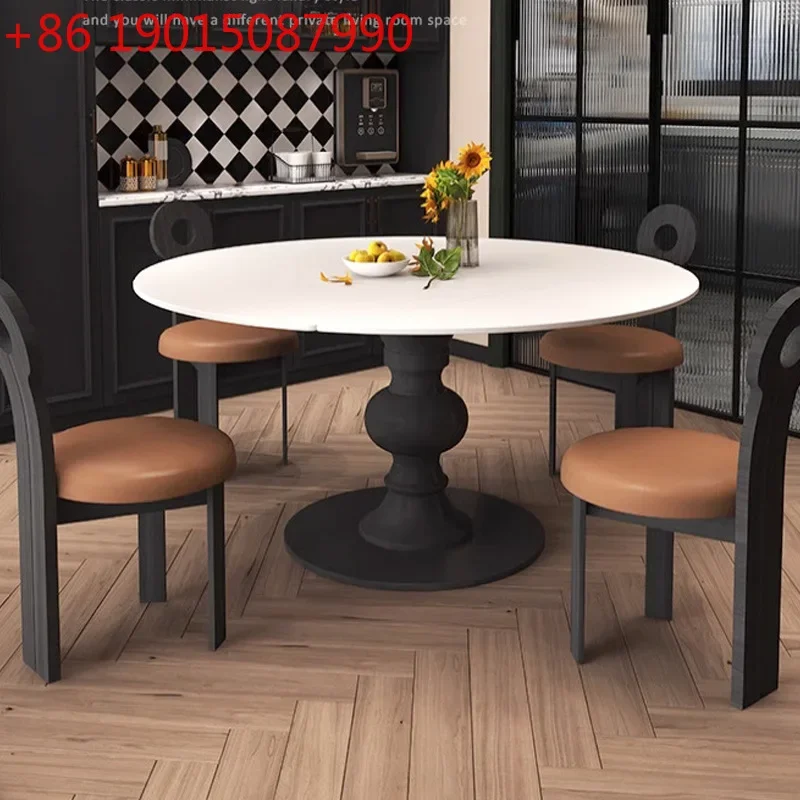 

French retro retractable rock slab rotating dining table variable round table dual-purpose folding