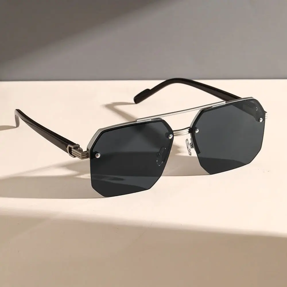 Men's Metal Sunglasses Square Half Frame Rice Nail Sun Glasses Driving Goggles Casual Retro Fashion Outdoor Sports UV400 Shades