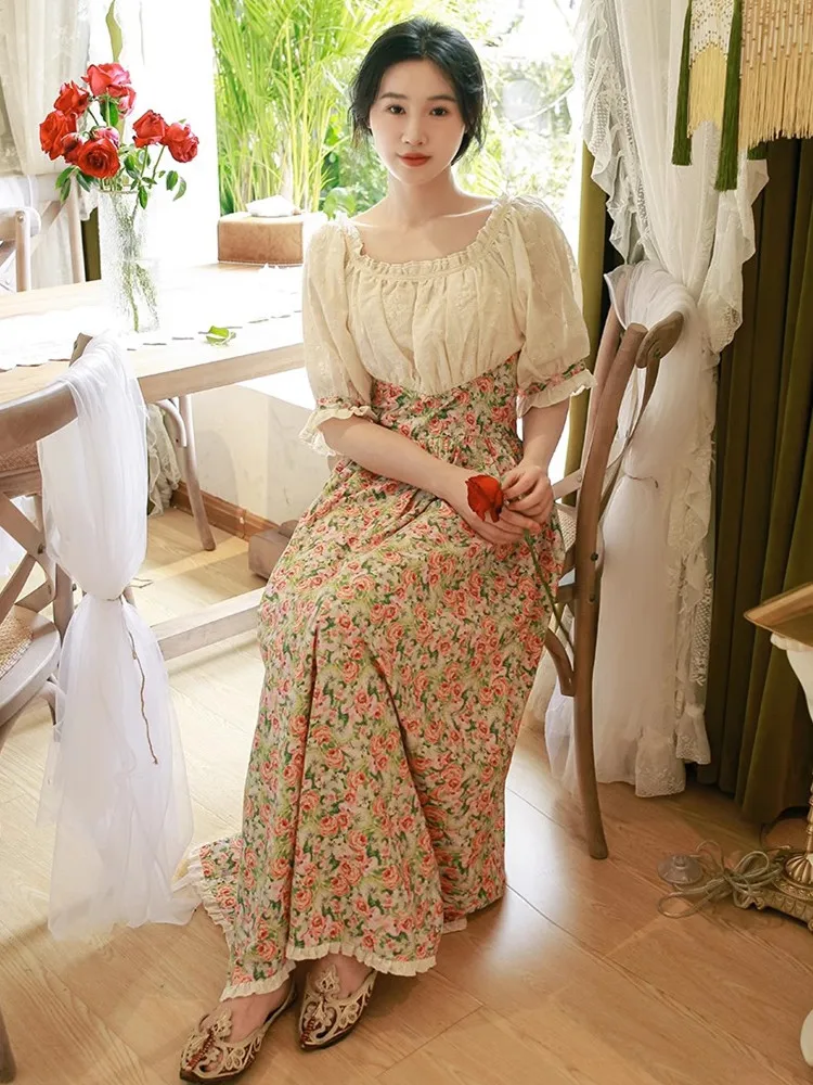 84-92cm Bust SpringSummer Maxi Dress Women Vintage Oil Painting Floral Print Dress ElegantSlim O-Neck Half Sleeve Princess Dress