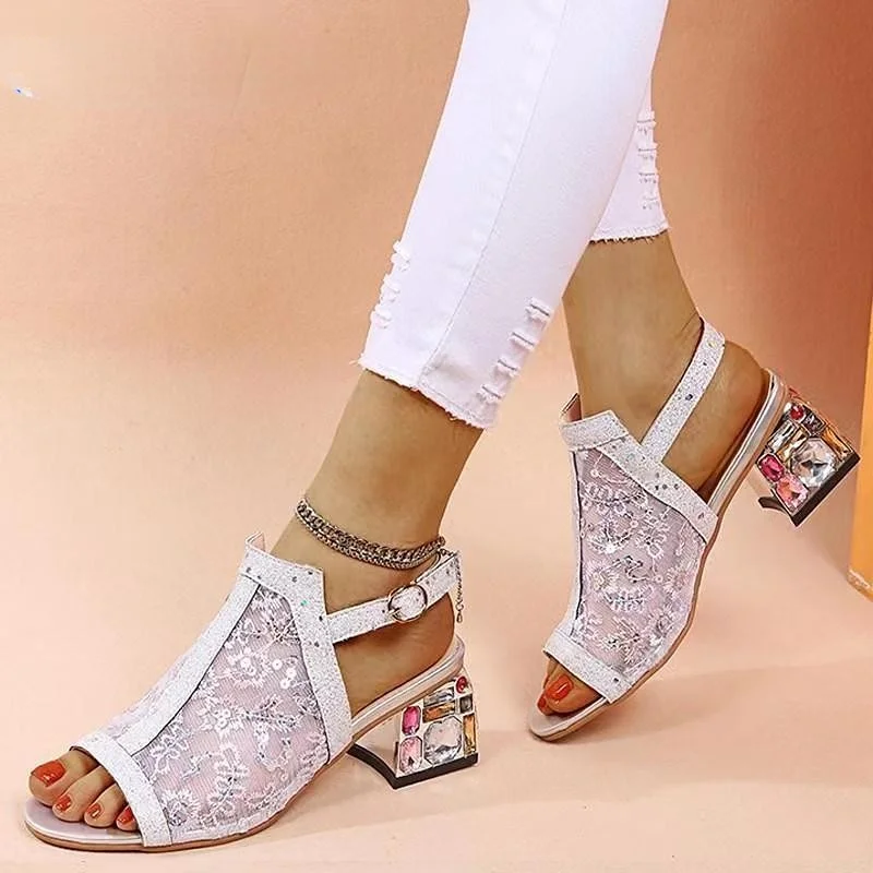 2023 New Women Summer Fashion Mid Heels Peep Toe Shoes for Women Glitter Sandals Ladies Buckle Strap Bling  Rhinestone Sandals