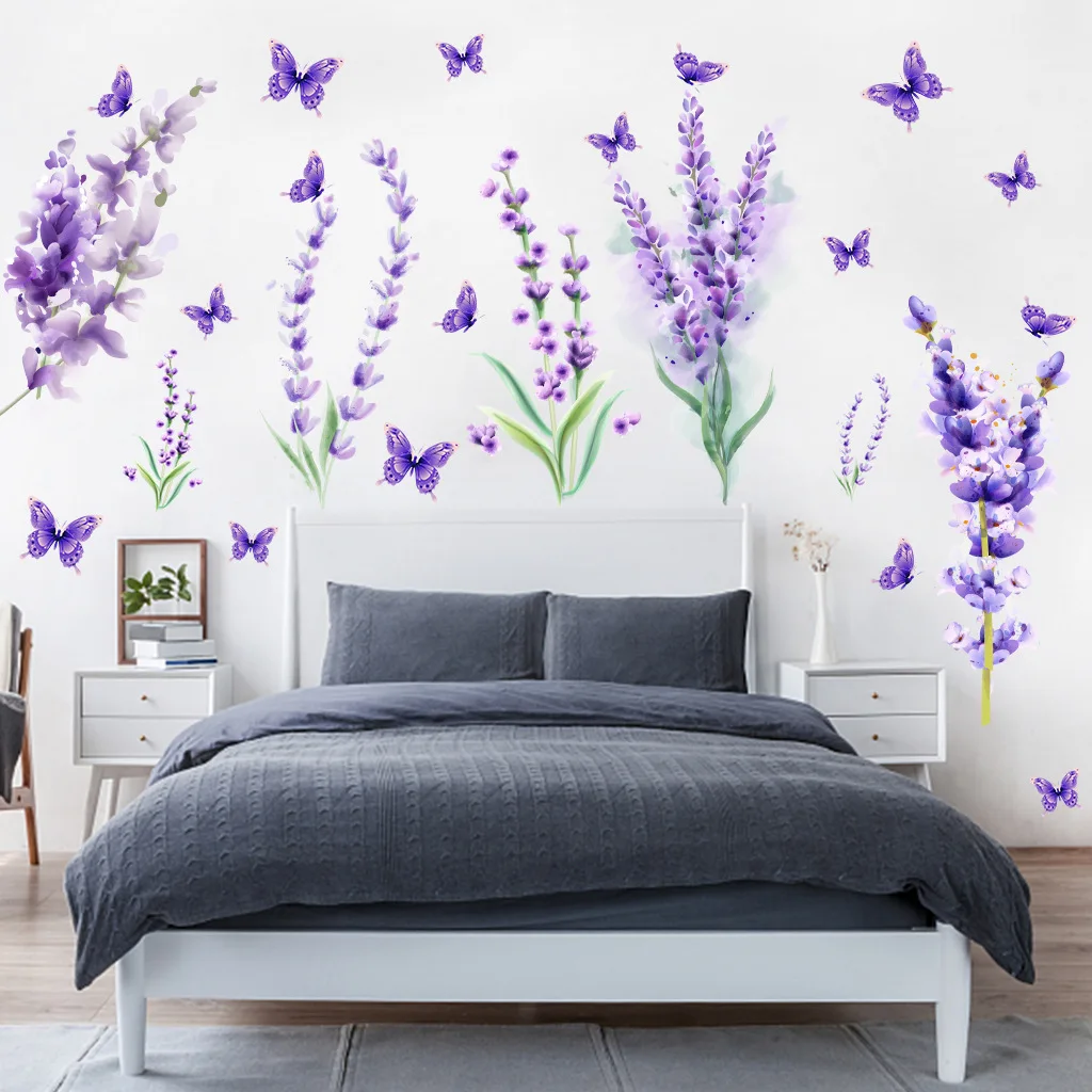 Purple Flower Butterfly Wall Sticker Lavender Home Decoration Waterproof Self-adhesive Stickers Bedroom Living Room Wall Decor
