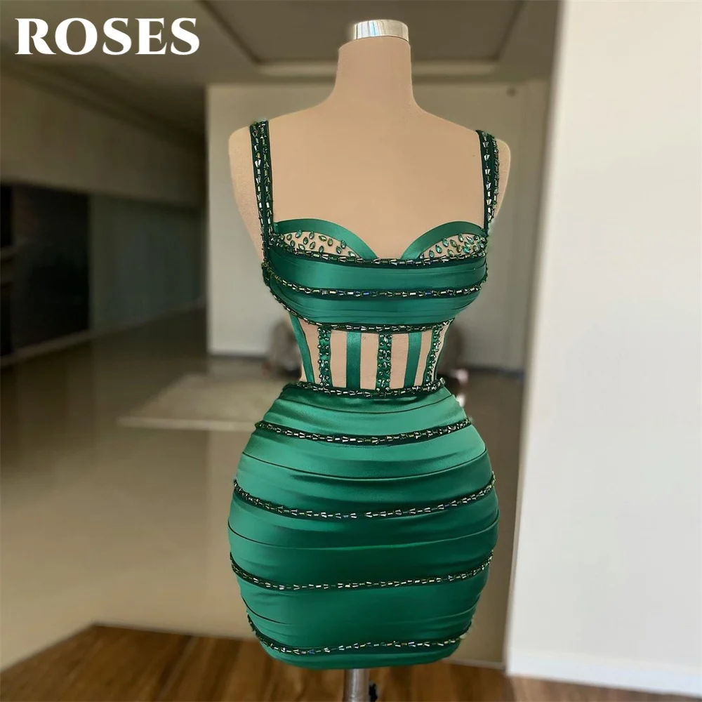 

ROSES Dark Green Mini Cocktail Prom Gown Spaghetti Straps Beadings Dubai Evening Dresses Saudi Arabia Clubbing Dress Customized