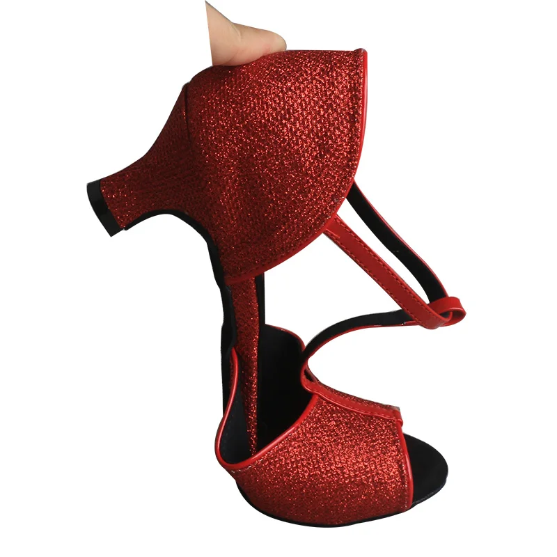 Customized Professional Dance Shoes Ballroom Women Latin Shoes Extra Wide Red Sequins Anti-slip Insoles