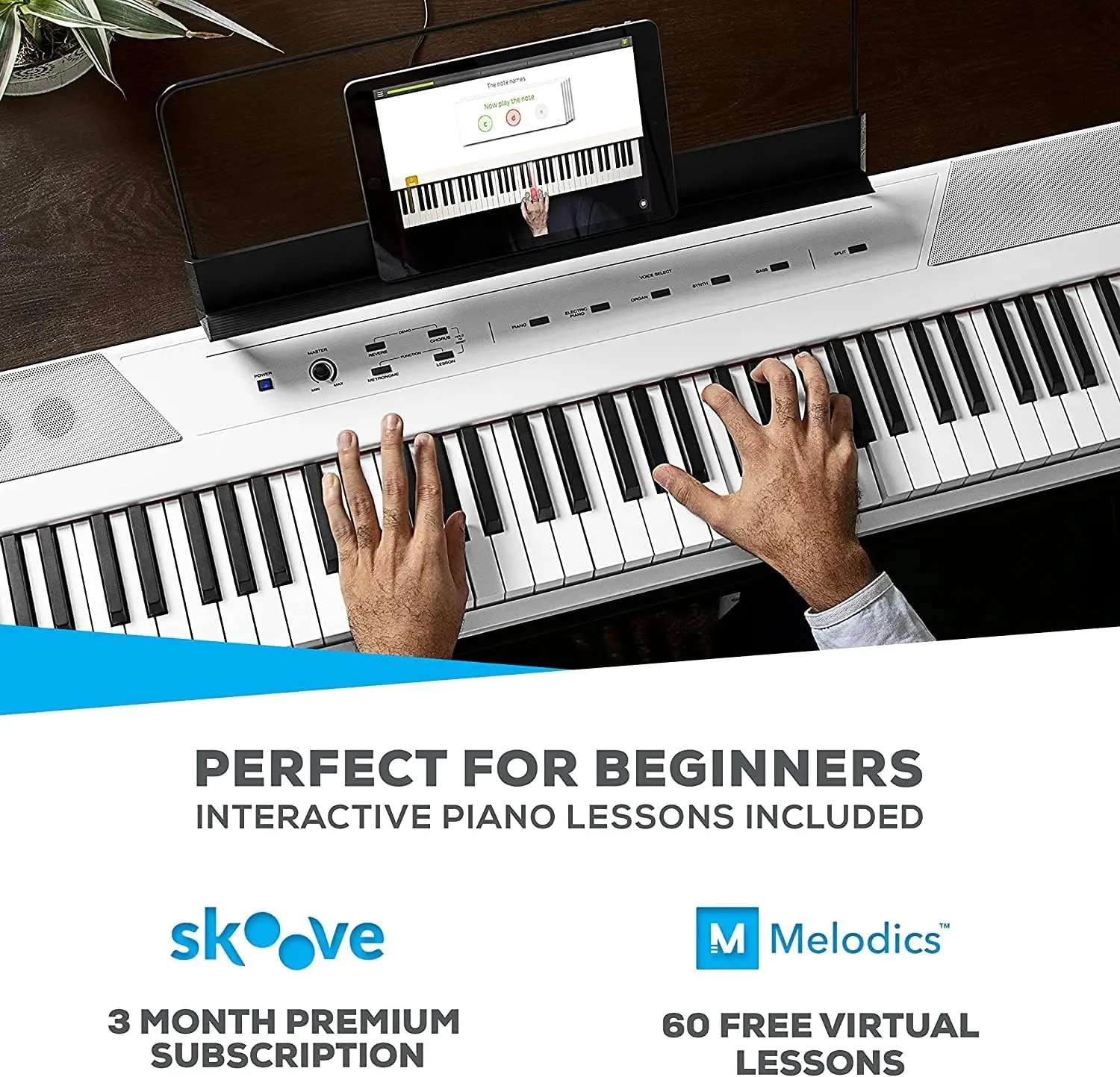 

88 Key Digital Piano Keyboard with Semi Weighted Keys, 5 Voices, Lessons, M-Audio Sustain Pedal and HDH40Headphones