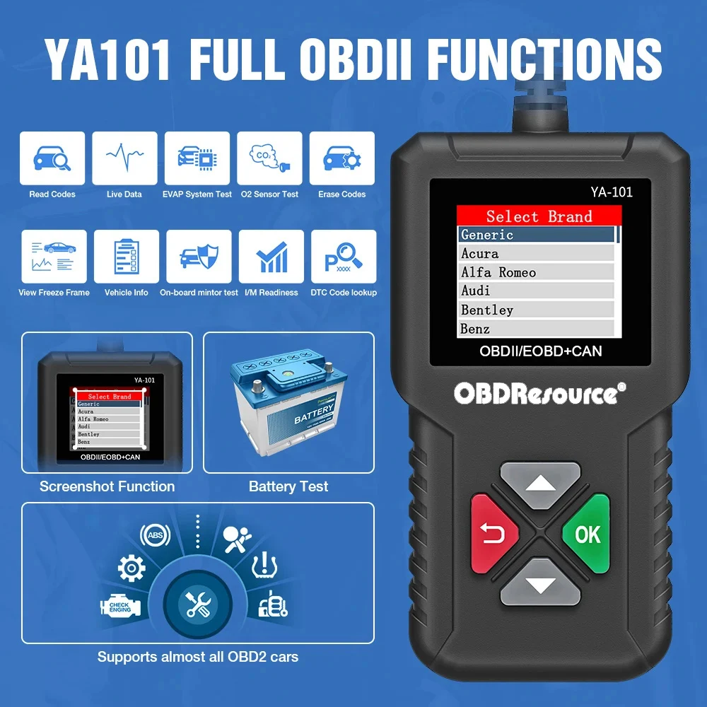 OBDResource YA101 Car OBD2 Scanner Multi-Language Automobile Engine Fault Code Reading Card Diagnostic Tool 12V OBD Detector