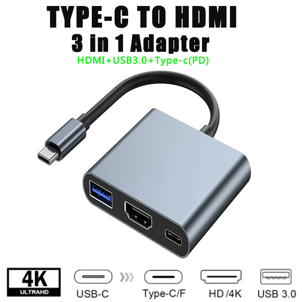 3 IN 1 USB Hub Adapter USB-C to 4K 60hz HDMI-compatible USB 3.0 100W PD Fast Charging for Macbook Pad Dell Nintendo Switch