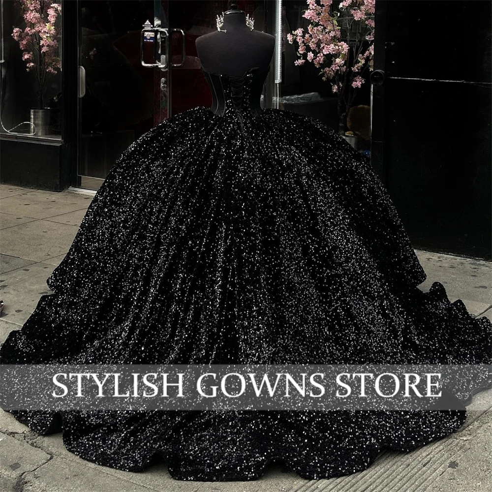 Black Sequined Sweetheart Ball Gown Quinceanera Dress For Girls Crystal Beaded Birthday Party Gowns Prom Dresses Customized