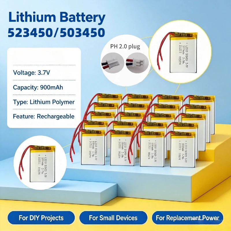 1000mAh 3.7V Polymer Li-ion Rechargeable Battery for Slim GPS Smartphones MP5 DVD Players PH2.0mm 2Pin Plug Model 523450/503450