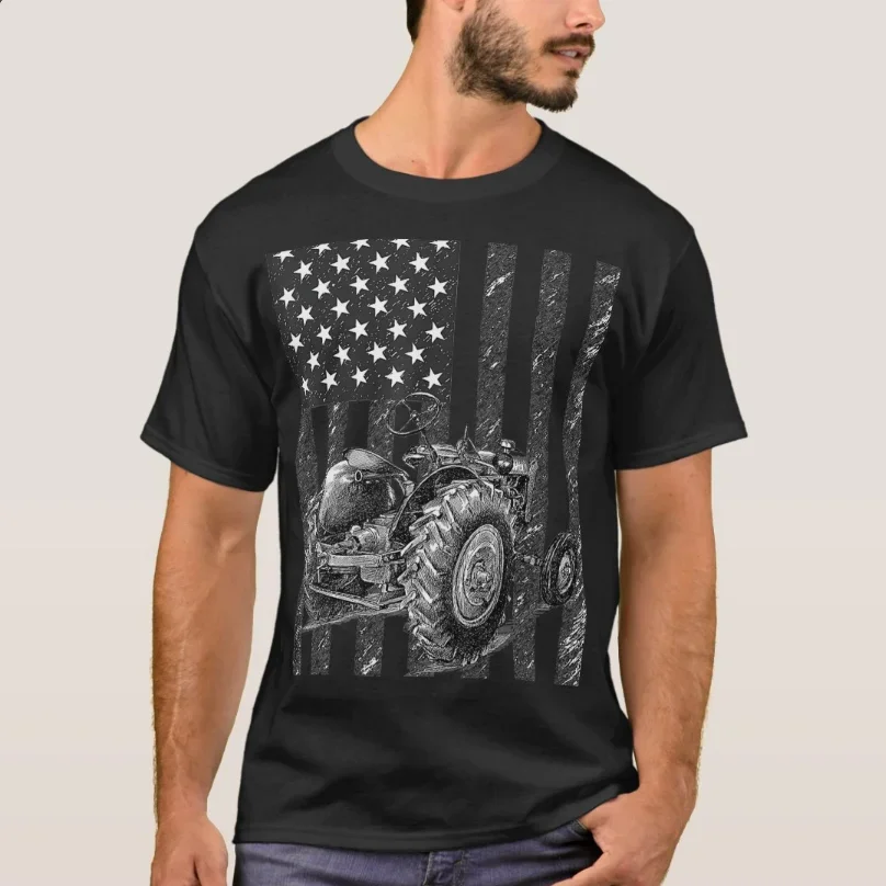 Farmers Tractor American Flag Patriotic Farming T Shirt Short Sleeve Casual 100% Cotton O-Neck Summer Mens T-shirt Size S-3XL