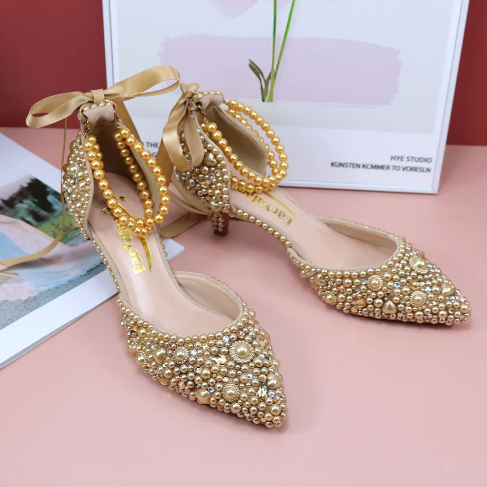 White Bride Wedding shoes Pearl Royal Blue Thin Heels Party Dress Shoes Women Champagne gold Fashion Sandal Ankle Strap