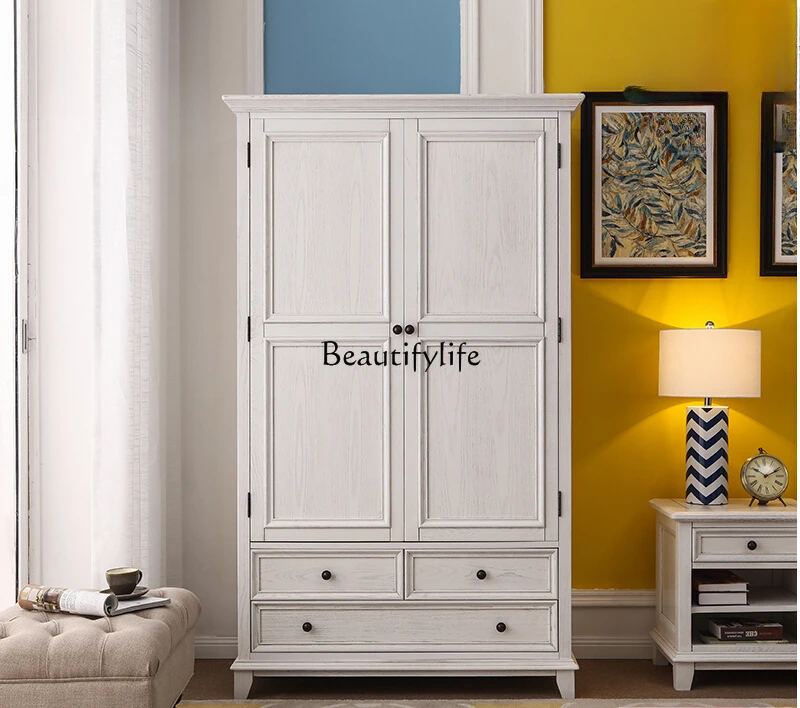 American solid wood double door wardrobe rural ash wood white wardrobe