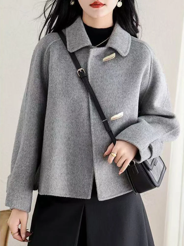 숏 혼 버튼 배기 재킷 코트 여성 캐주얼 엘레강트 울 재킷 턴다운 칼라 한국 패션 루즈 재킷
