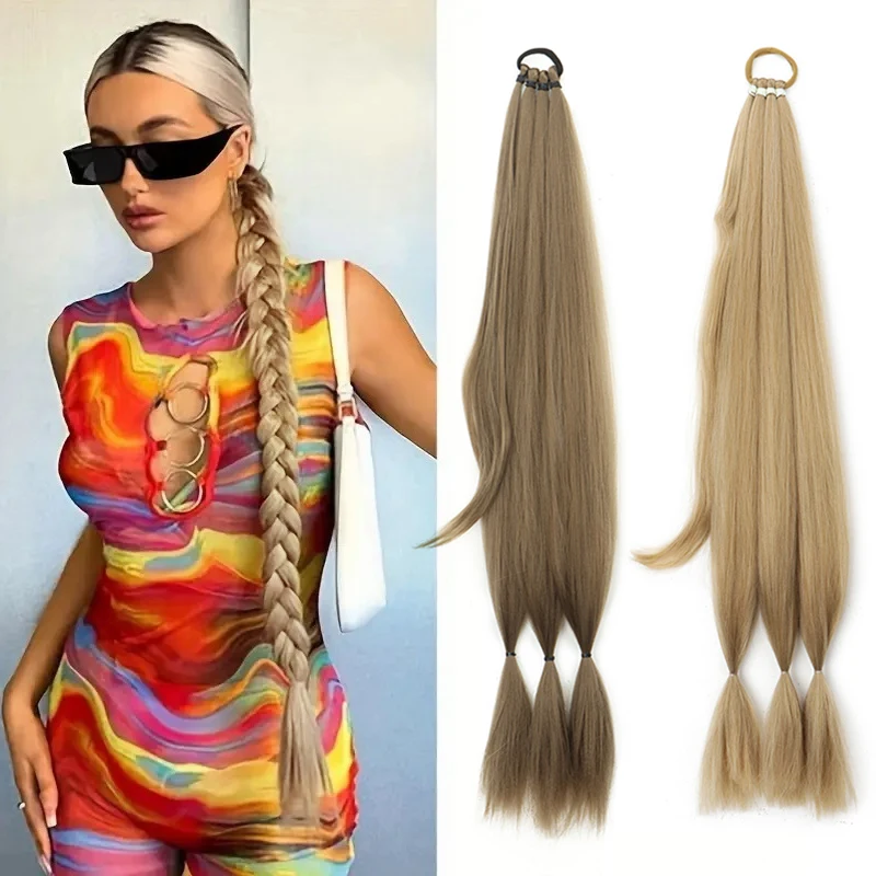 80cm Synthetic Pre‑Braided Ponytail Extension Elastic Rubber Band Heat Resistant Hairpiece for Women Daily Party Hairstyle
