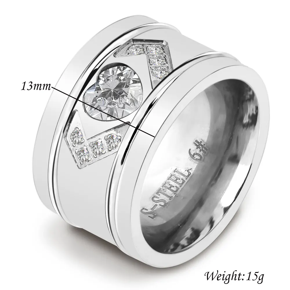 14mm Wide Yellow Gold Color Stainl.steel Heart CZ Zircon Channel Setting wedding ring for women