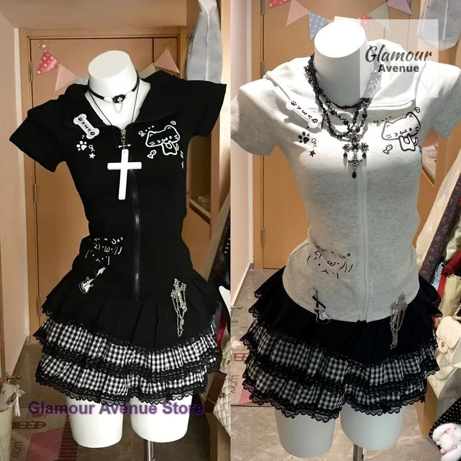 

Japanese spice girls fashion summer T-shirt slim subculture cat ears hooded short sleeve Joker house coat women's coat top