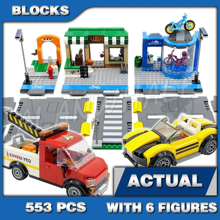 553pcs City Shopping Street Bakery Bike Shop Park Cargo Bike Sports Car Truck 60059 Building Block Toys Compatible With Model