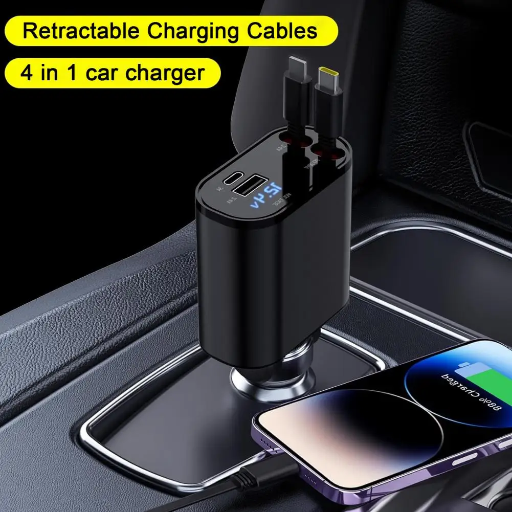 Fast Car Charger With Retractable Cable Over-Temperature Protection 180-Degree Adjustable Head Universal Car Charger Adapter