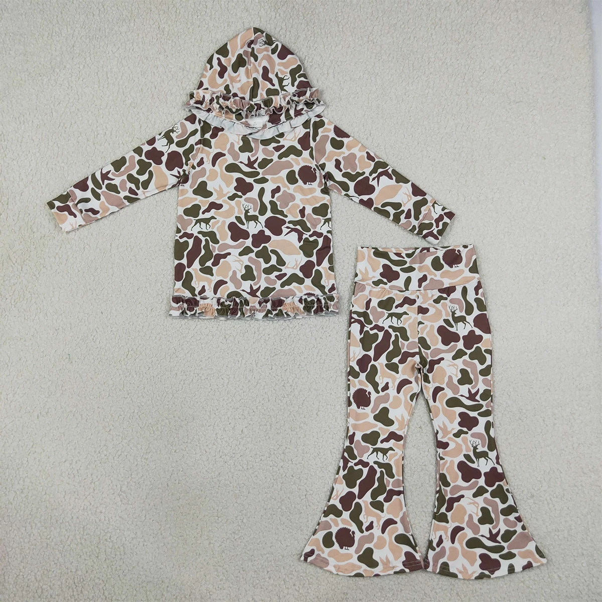 Kids Clothing Cute Boutique Baby Girl Ducks Deer Camo Ruffle Hoodies Bell Bottom Pants Hunting Clothes Sets Outfits Wholesale